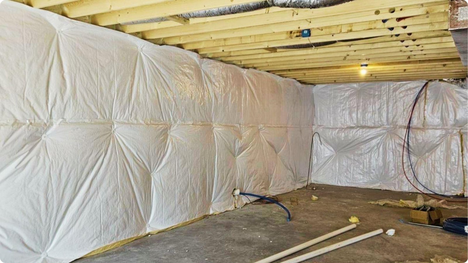 Unfinished basement walls fully covered in white encapsulated insulation batts.