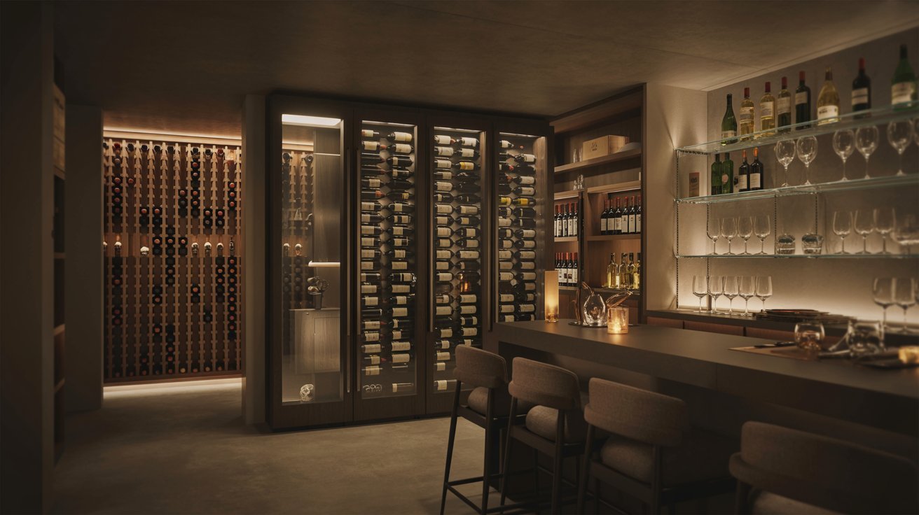 "Luxury basement bar with integrated wine cellar, built-in wine racks, glass wine storage, and warm ambient lighting in an elegant modern home design"
