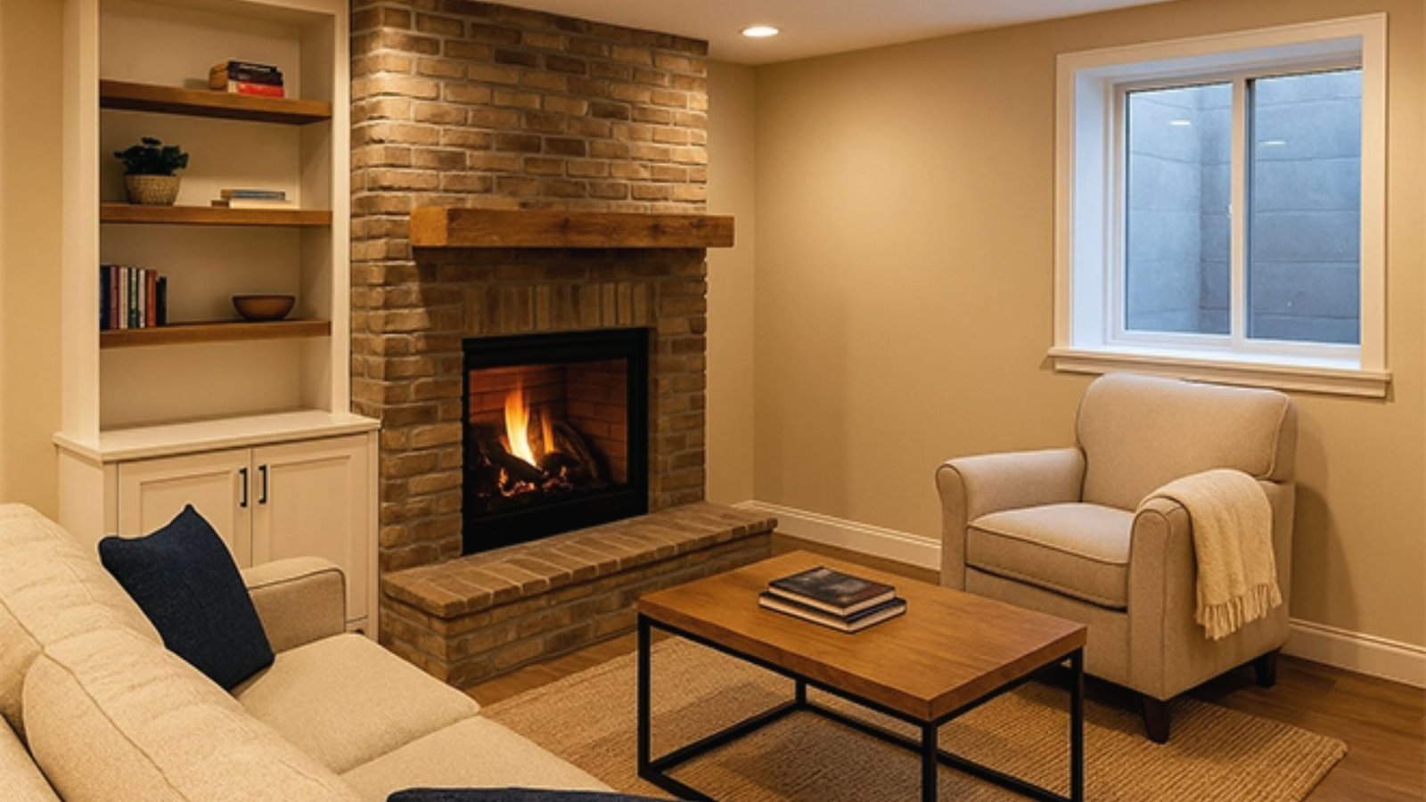 Cozy brick fireplace in basement with wood mantel, bookshelves, armchair and egress window.