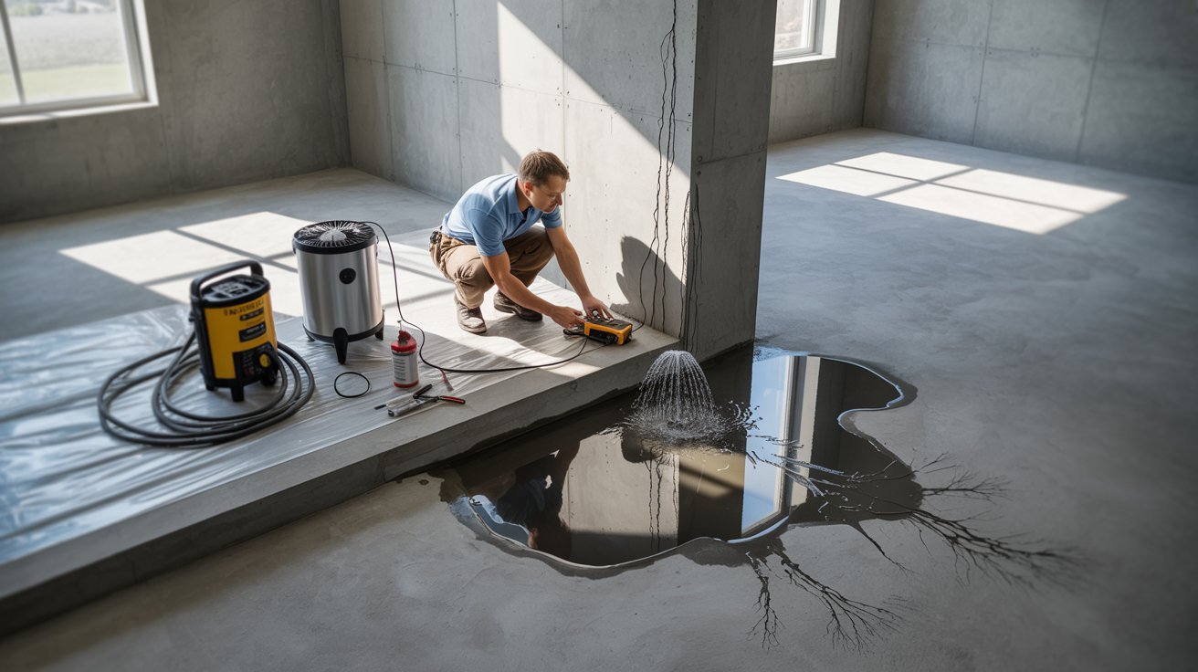 Basement wall leaks with puddles, cracked concrete, contractor inspection, and waterproofing tools inside unfinished home basement