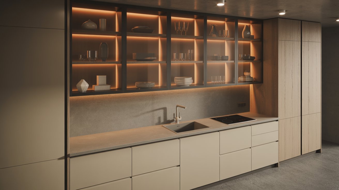 Minimalist modern kitchenette with flat-panel beige cabinets and backlit glass display shelves.