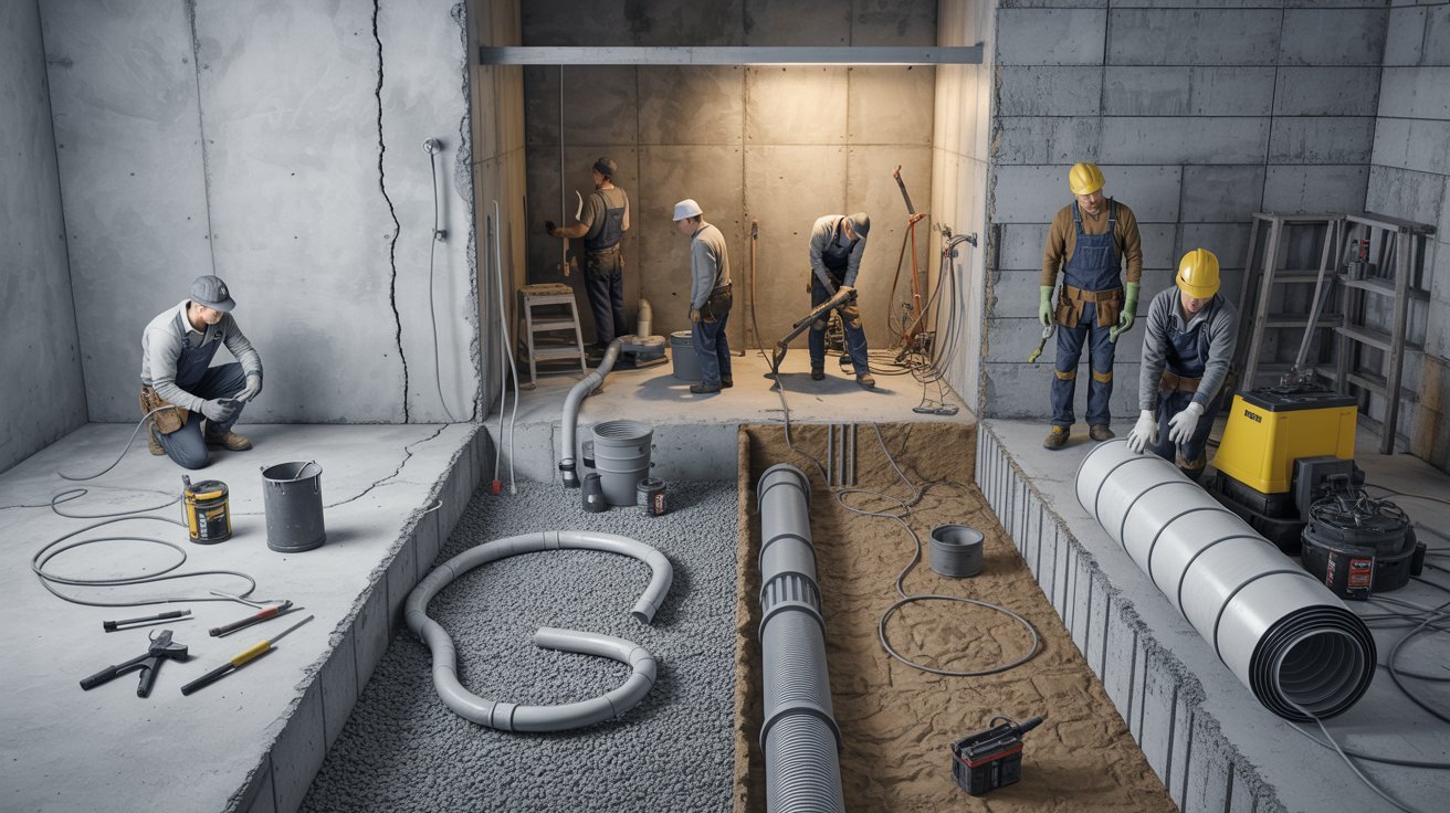 Basement repair stages showing crack sealing, sump pumps, drainage systems, and foundation waterproofing excavation work
