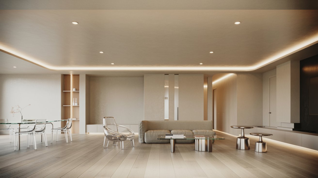 "Modern low ceiling basement with glass and acrylic furniture creating a minimal uncluttered look that enhances openness and visual space"
