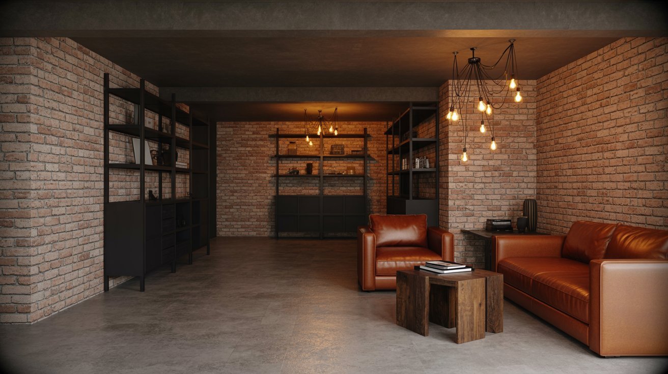 Industrial basement with exposed brick walls, metal shelving, Edison lighting, and rustic modern decor.