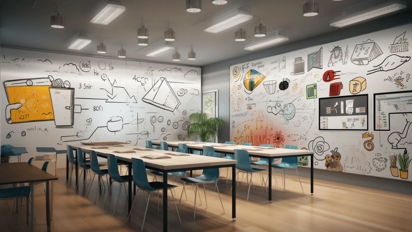 Creative classroom mural walls can hide sump pump access behind a removable whiteboard panel.