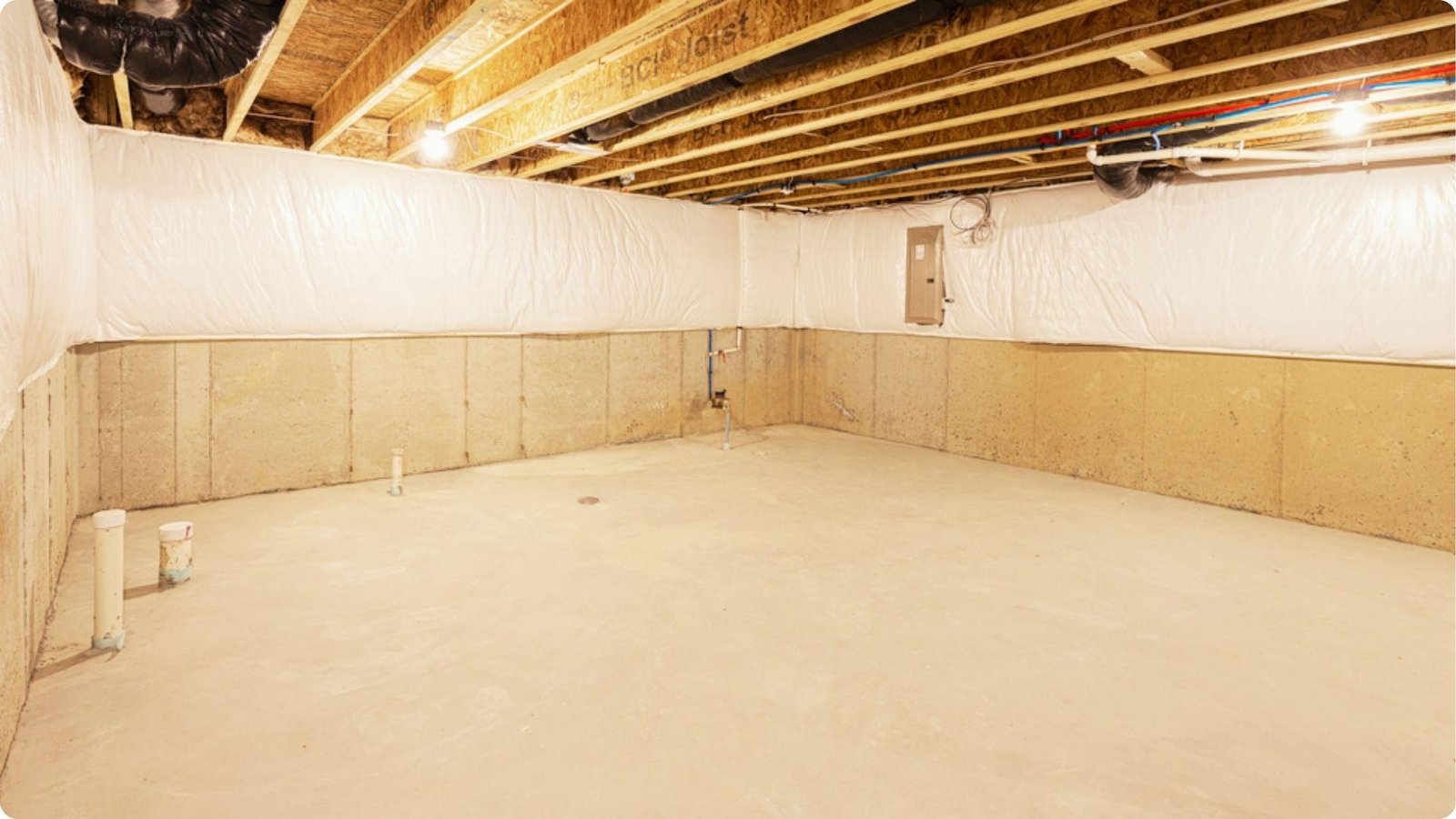 Exposed wooden floor joists in an unfinished basement with ductwork and wiring visible.
