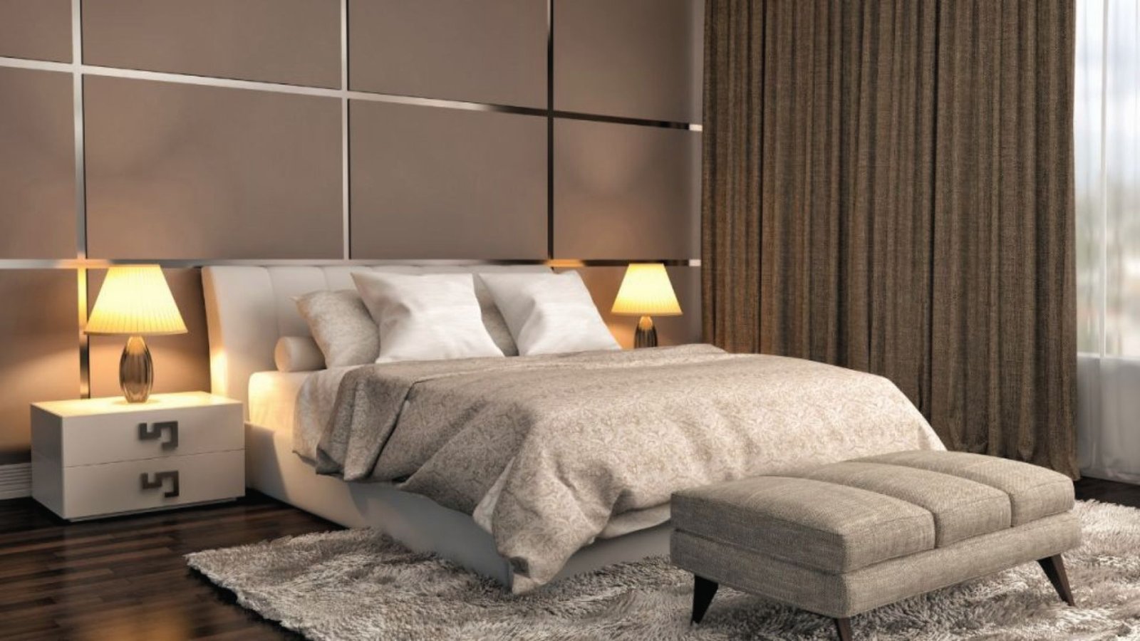Modern bedroom with fabric panel walls for comfort at the moment.