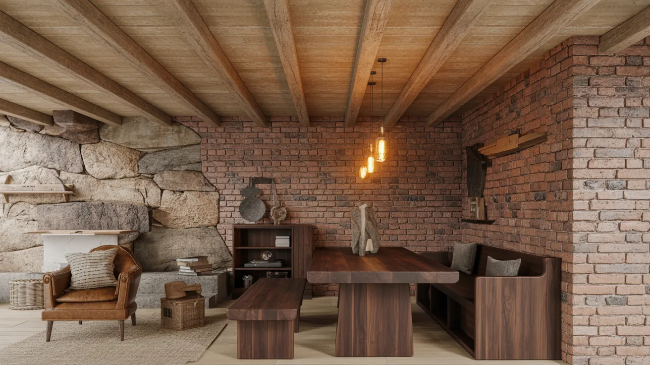 Realistic rustic basement with exposed beams, brick walls, and warm lighting creating cozy traditional style.