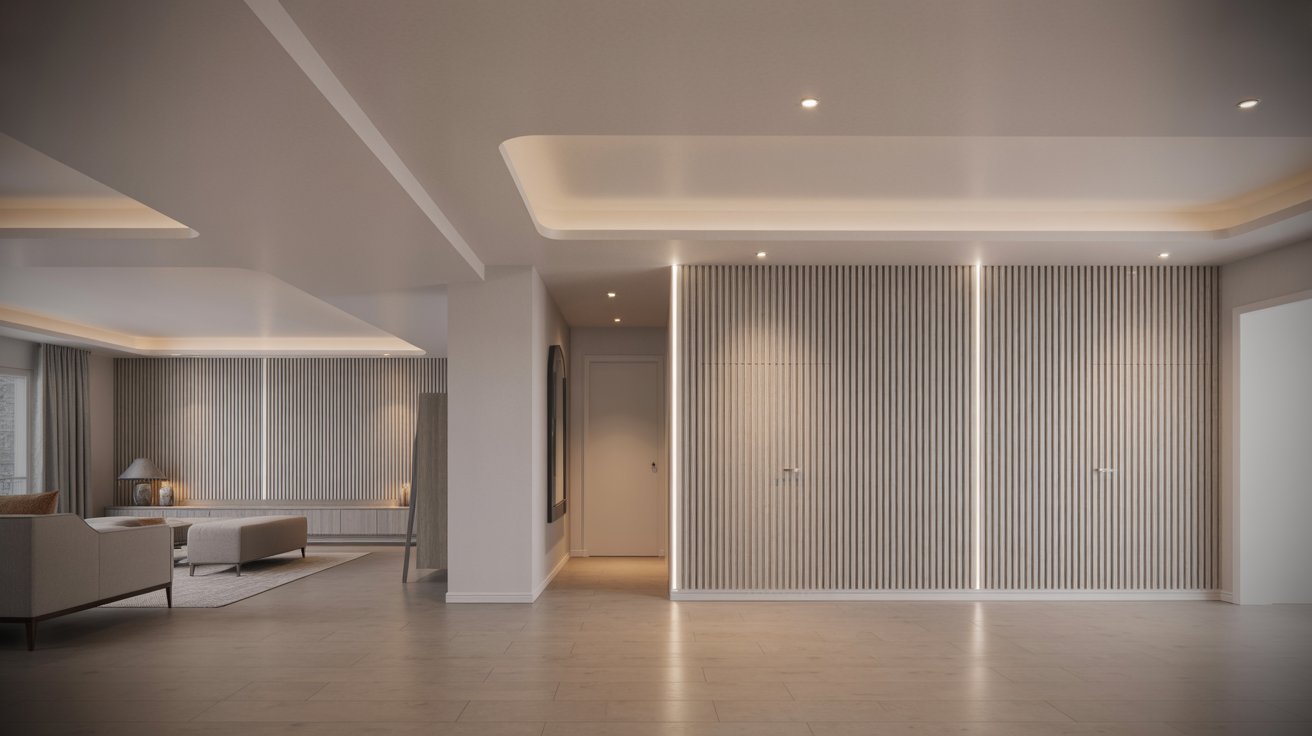 "Modern low ceiling basement with vertical stripe wallpaper and wood panels creating an illusion of height in a bright minimalist interior"