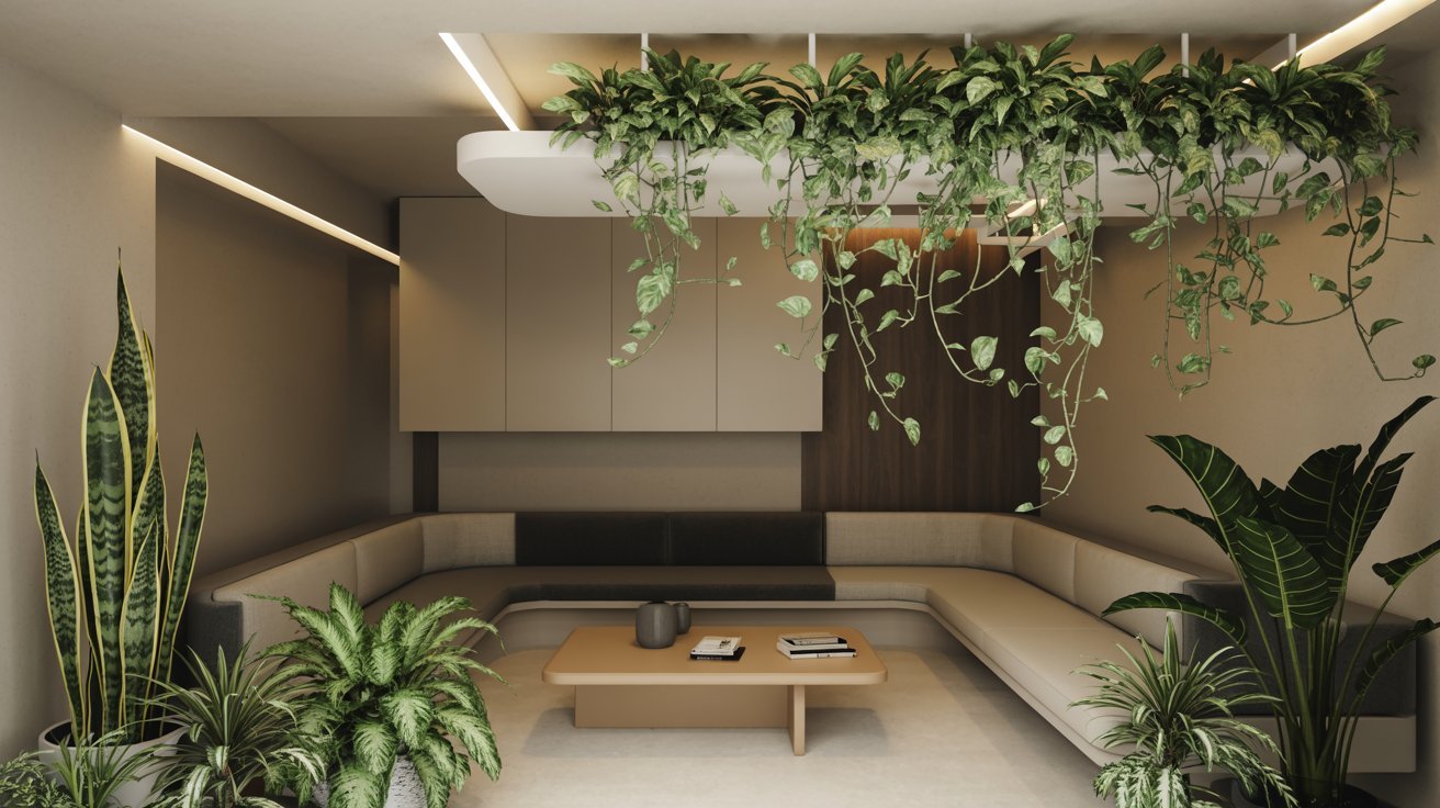 "Modern basement with indoor plants, contemporary furniture, and fresh biophilic interior design."