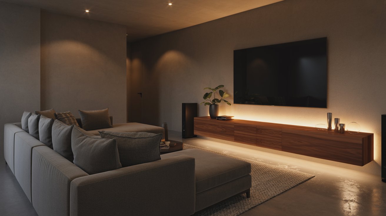 Modern basement media room with wall-mounted television, cozy seating, sleek storage, and warm lighting.