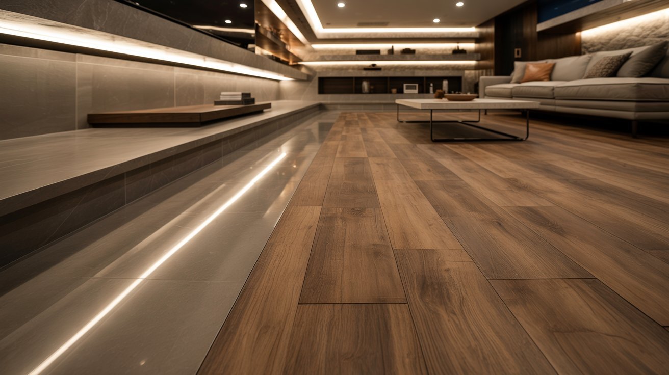 Basement renovation with waterproof vinyl flooring, polished concrete, and modern moisture-resistant interior design.