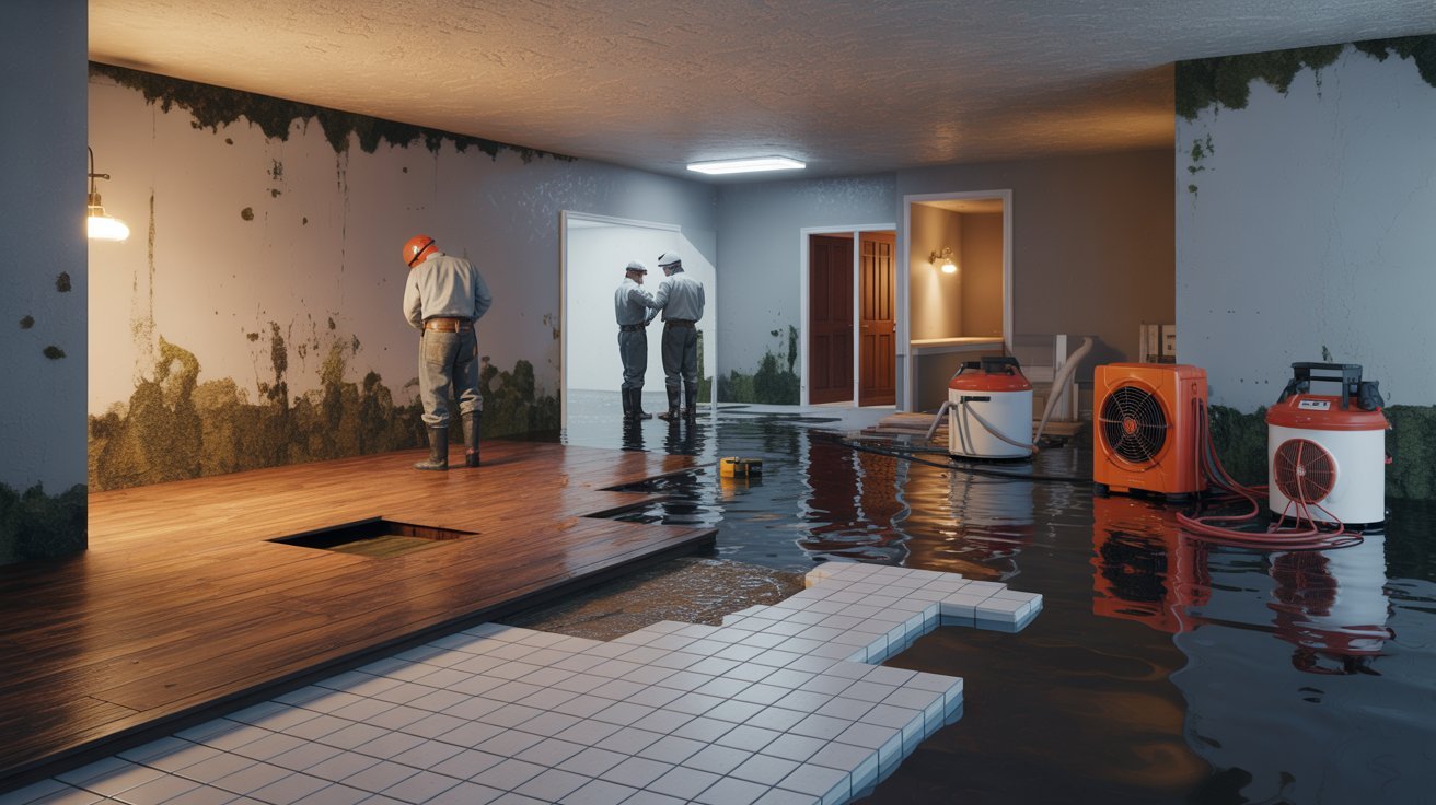 Flooded basement with water damage, mold, repair equipment, contractors, and different damaged flooring materials.