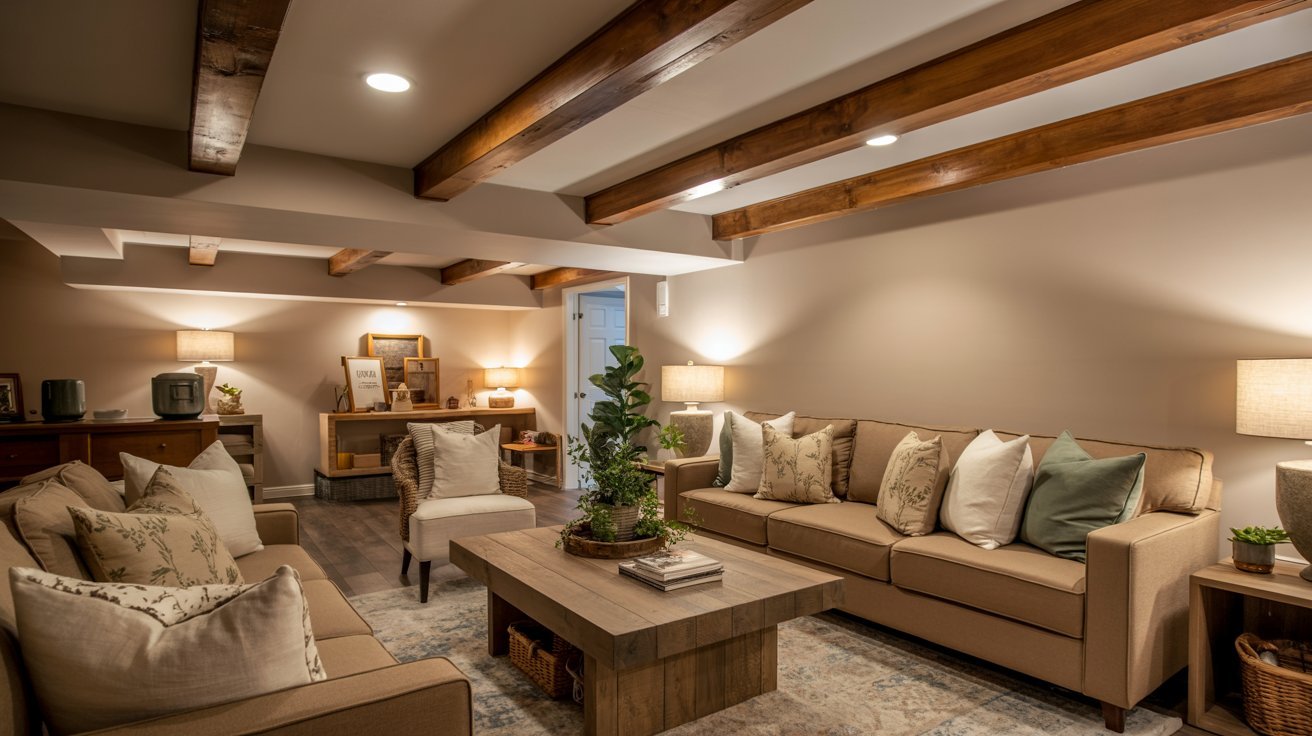 Basement with faux wood beams, cozy seating, warm lighting, and affordable rustic-modern decor