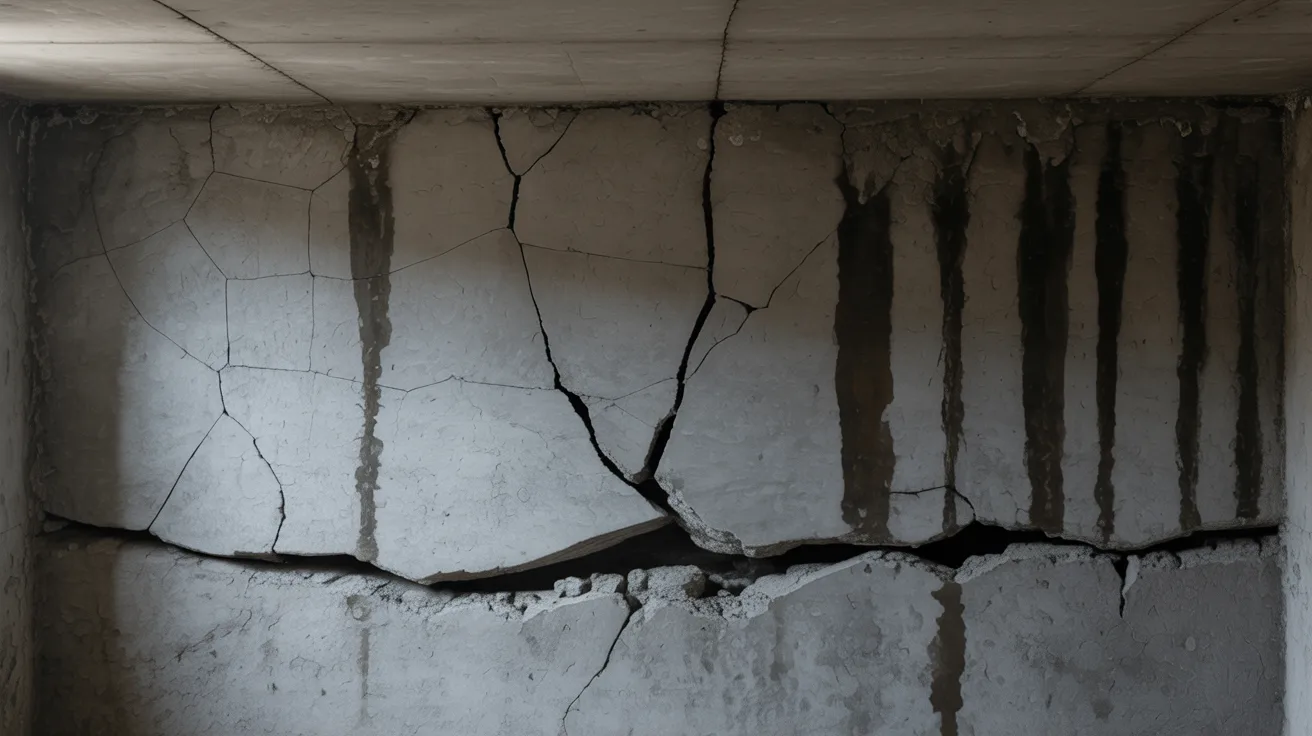 Concrete basement wall with visible cracks and surface gaps showing foundation damage.