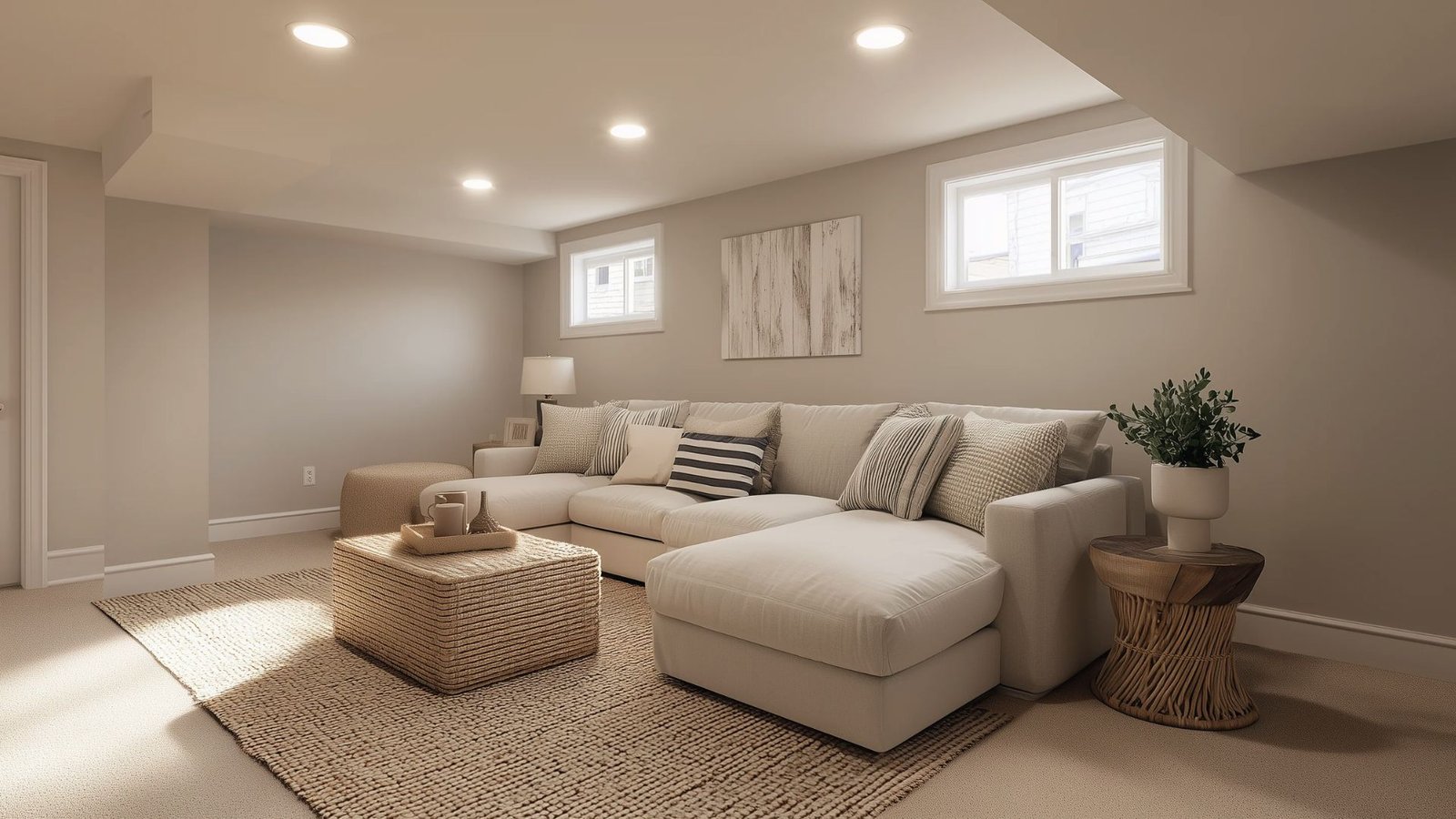 Neutral basement sofa and windows let you hide a sump pump inside a woven storage ottoman.