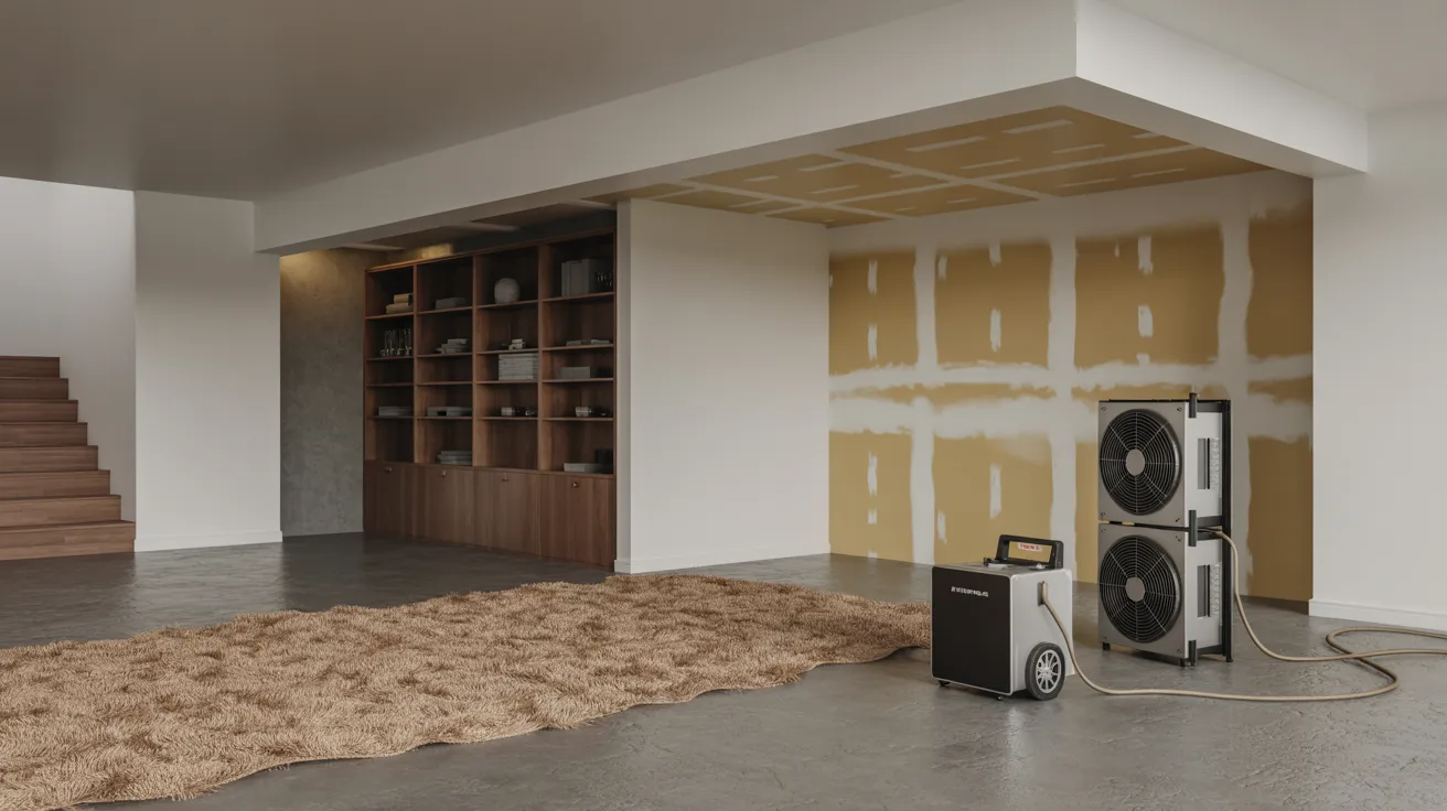 Finished basement being dried with fans and a dehumidifier after water exposure.