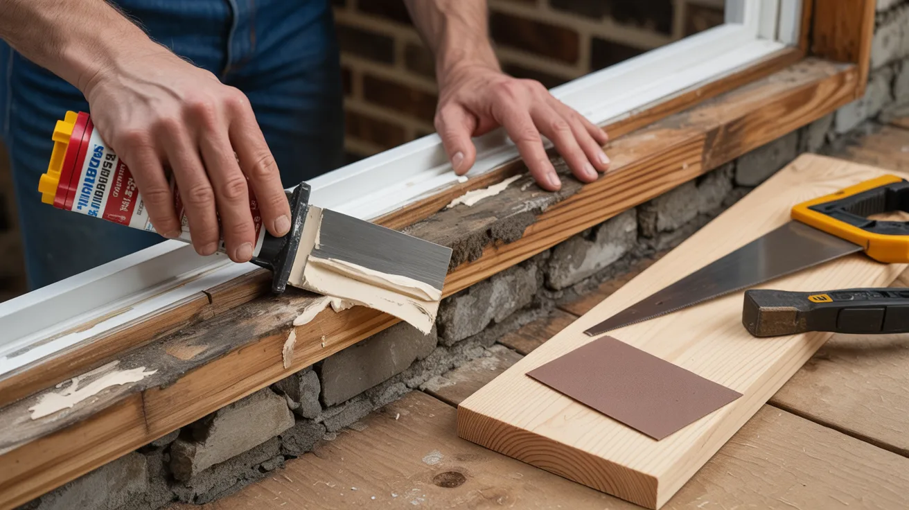 Repairing basement window frame by applying wood filler and reinforcing damaged wood sections with proper tools.