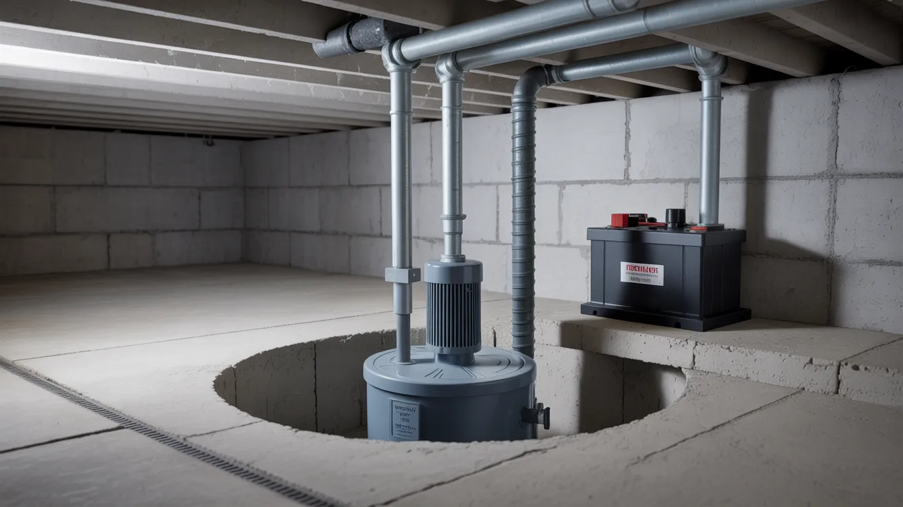 Sump pump system installed in a basement for water removal and flood prevention.