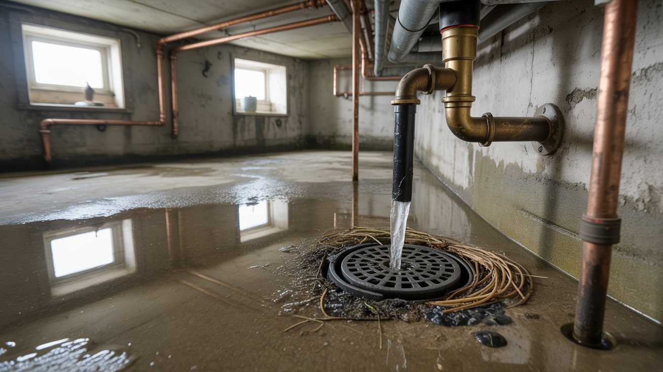"Clogged basement floor drain with standing water and debris buildup in a realistic home basement."