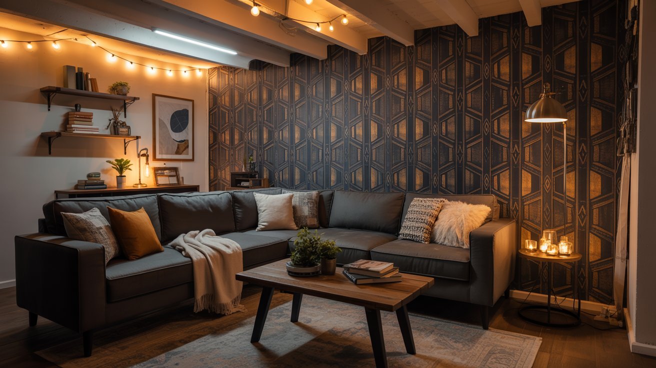 Basement with peel-and-stick wallpaper accent wall, cozy seating, and affordable modern decor