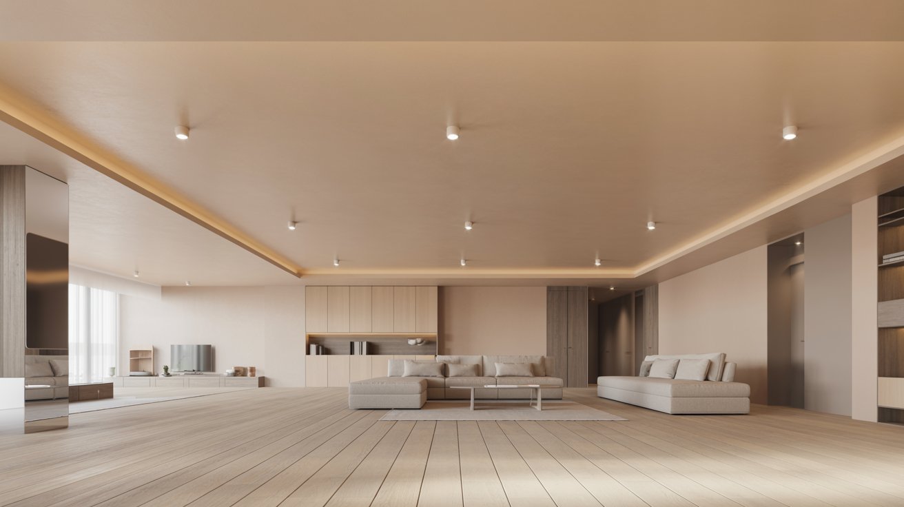 "Modern low ceiling basement with concealed beams and ducts painted to match ceiling creating a clean seamless and taller looking space"
