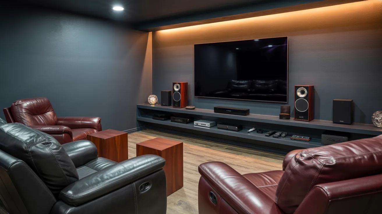 Realistic basement entertainment zone with TV wall, seating, and cinematic lighting for home theater experience.