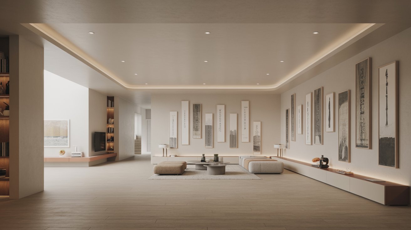 "Modern low ceiling basement with vertical artwork and gallery wall columns creating an upward visual flow in a bright minimalist interior"
