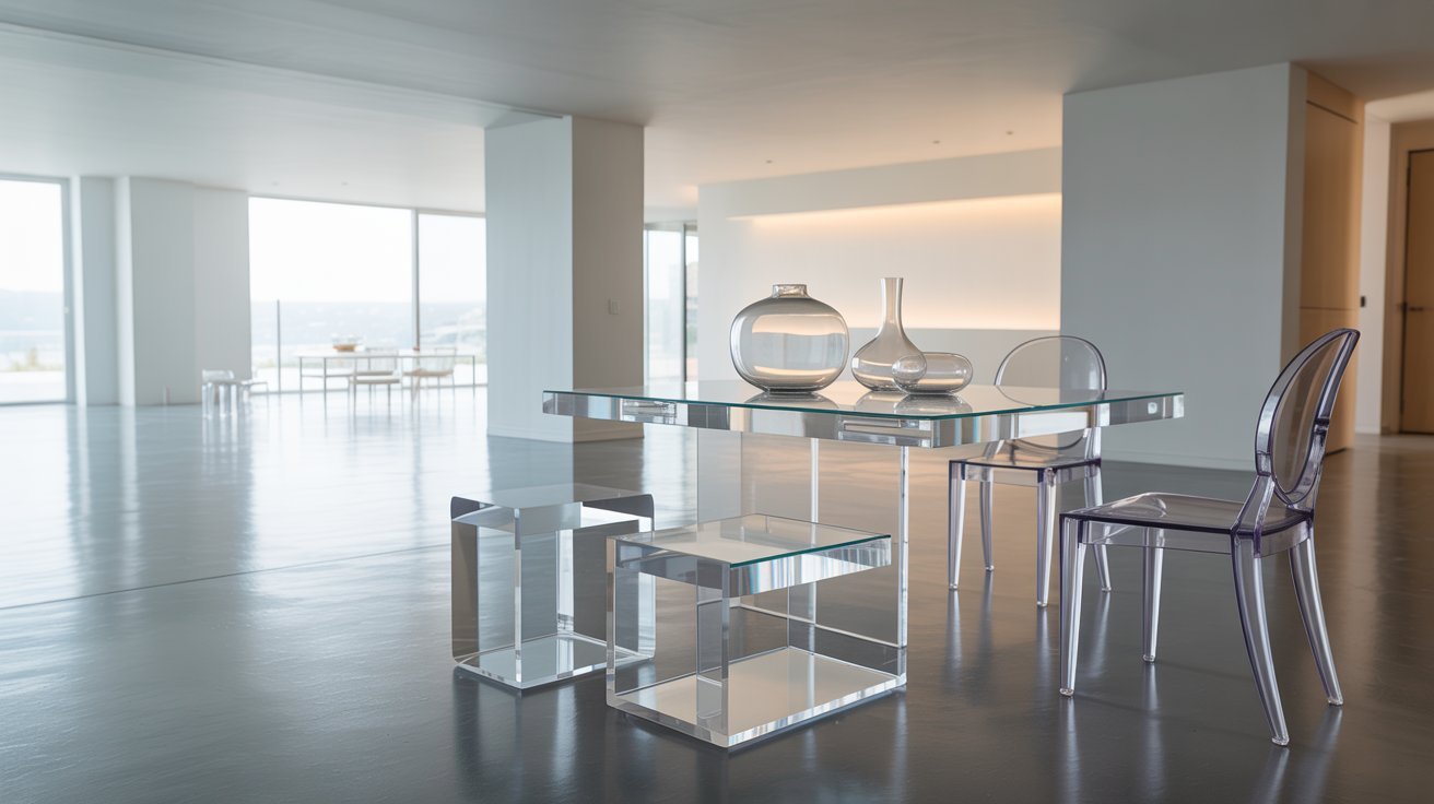 "Modern basement with clear acrylic furniture, open layout, and minimalist contemporary interior design."