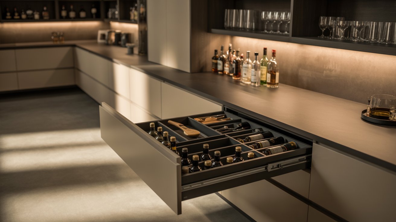 "Basement bar with hidden drawer liquor storage, organized bottles and tools inside sleek cabinetry in a modern luxury home design"