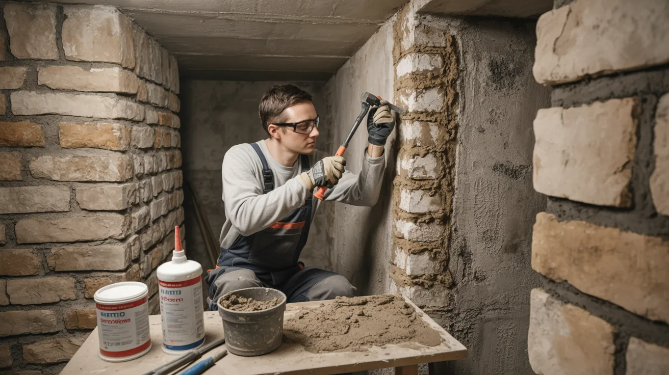 Homeowner repairing and sealing old stone foundation walls with fresh mortar during basement waterproofing process.