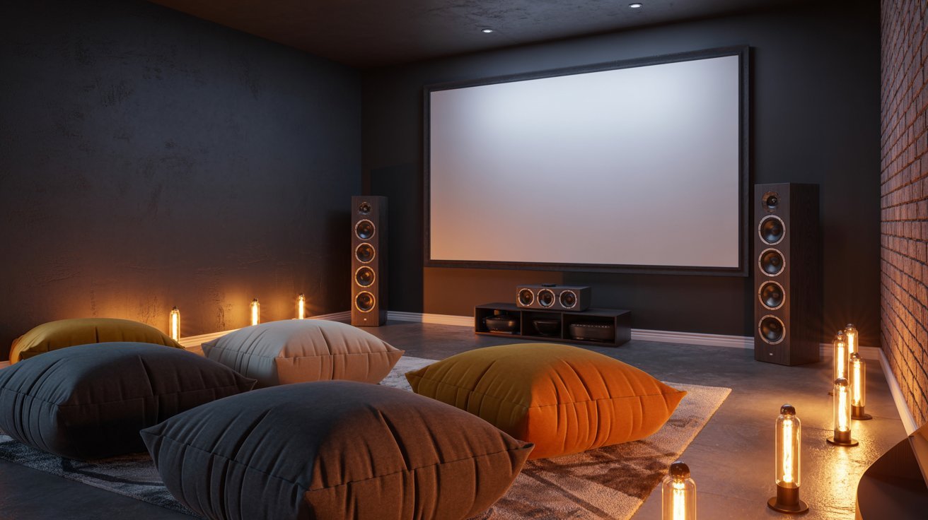 Cozy projector basement movie room with bean bags, dim lighting, and relaxed entertainment atmosphere.