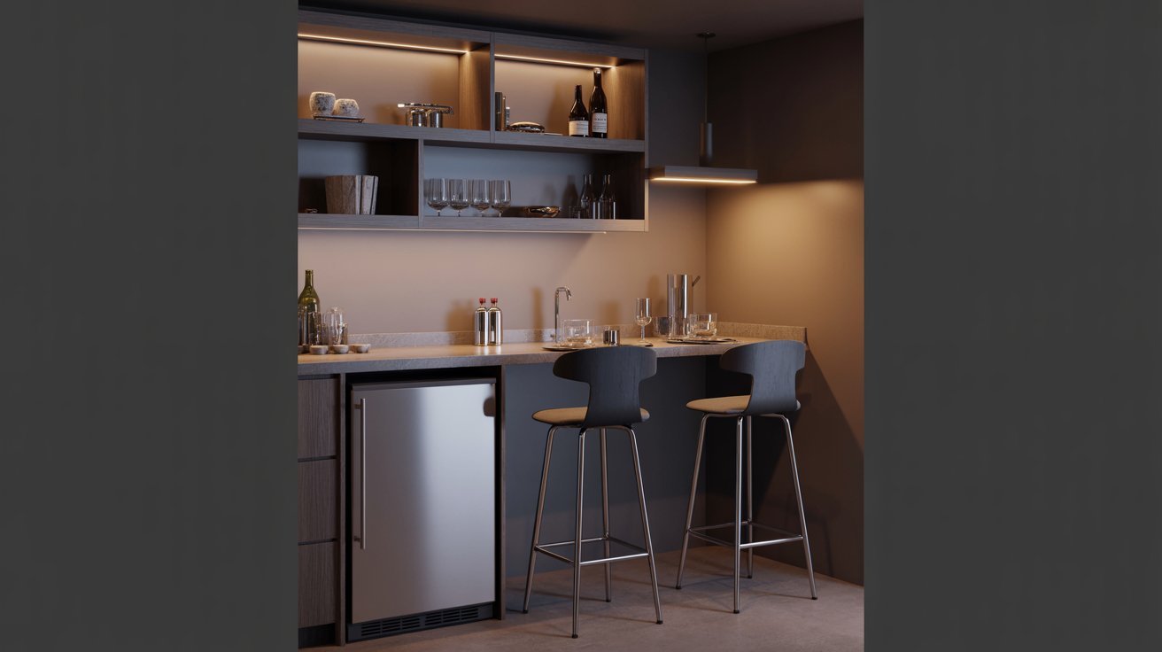 Compact basement mini bar with open shelving, modern stools, warm lighting, and efficient stylish layout.