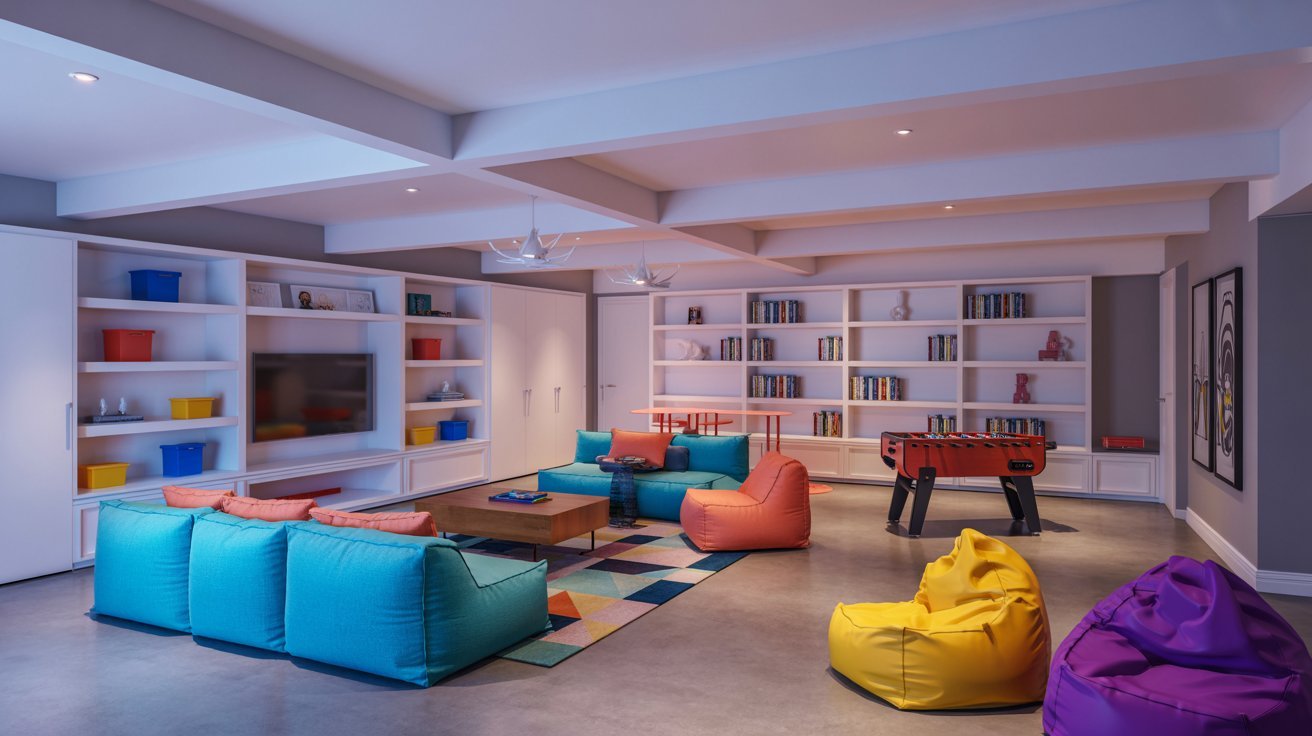 Basement playroom and teen lounge with gaming area, seating, storage, and modern family-friendly design.