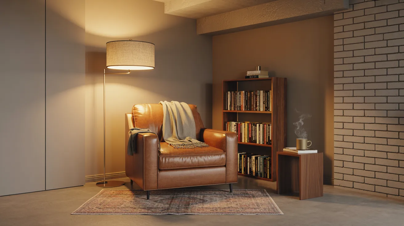 Realistic basement reading nook with chair, lamp, bookshelf, and cozy relaxing corner setup.