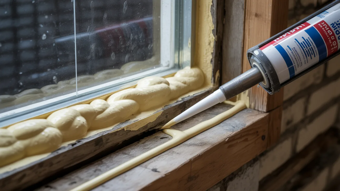 Sealing basement window gaps using expanding foam and caulk for waterproof protection.