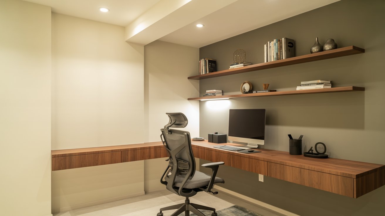"Compact basement study with built-in desk, ergonomic seating, and clean modern workspace design."