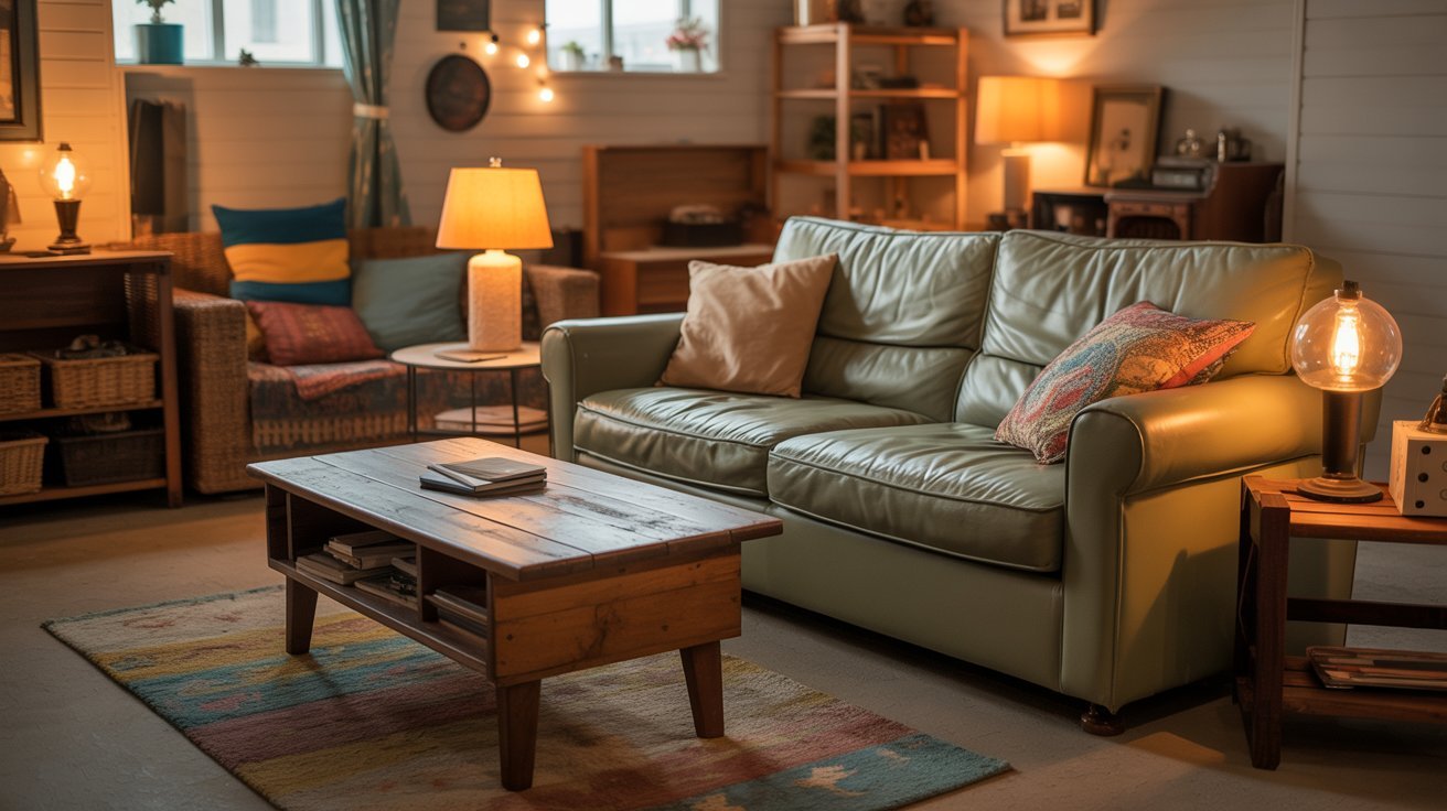 Basement with secondhand furniture, cozy seating, warm lighting, and affordable stylish decor setup