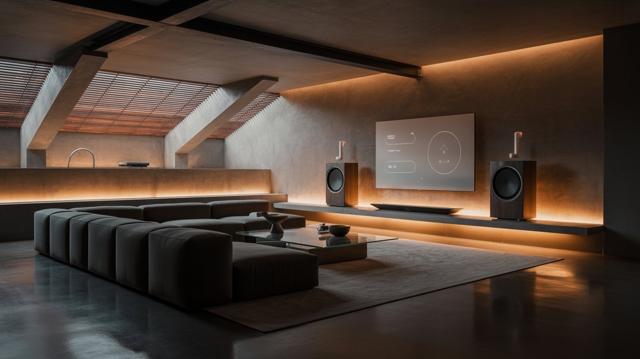 "Smart modern basement lounge with automated lighting, smart home technology, contemporary seating, and connected entertainment design."