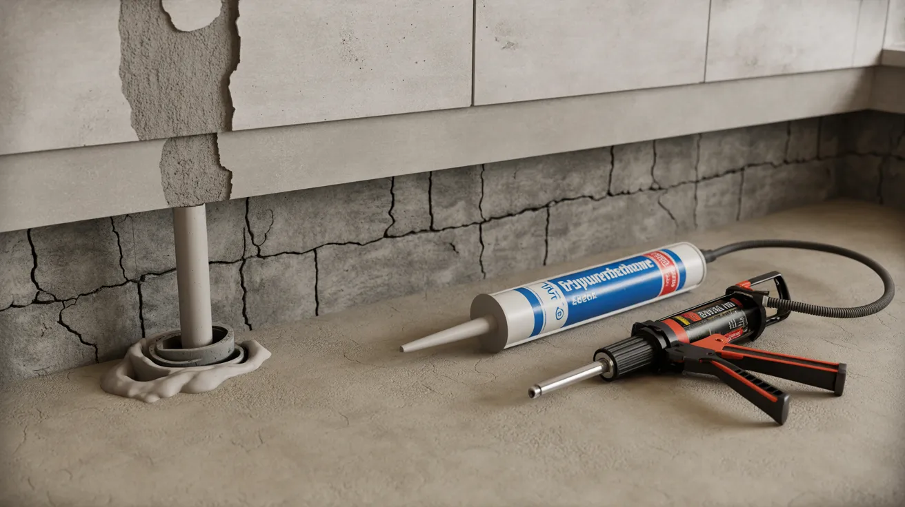 Basement wall cracks and foundation gaps sealed with waterproofing materials.