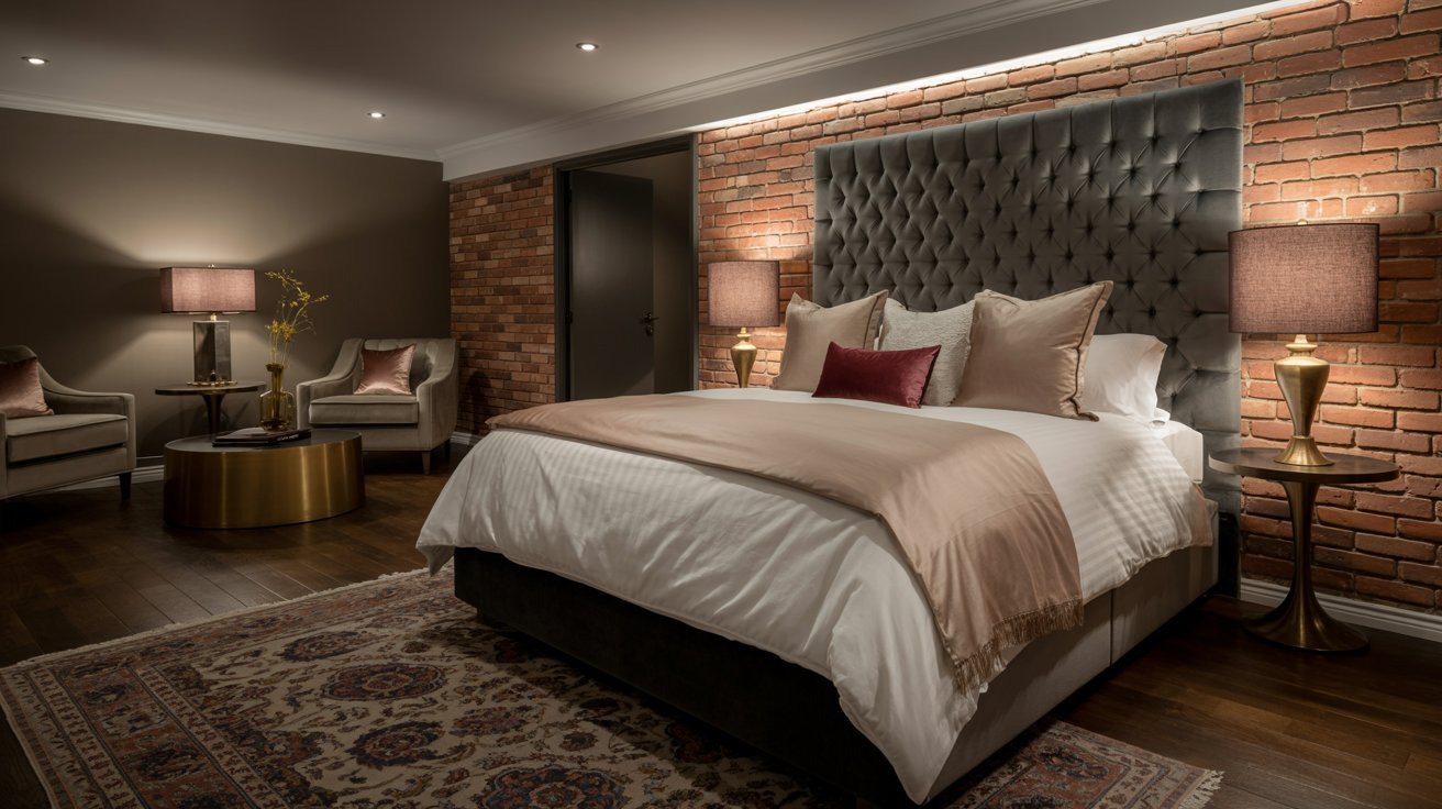 Boutique hotel-inspired basement with plush furniture, layered lighting, and luxurious cozy bedroom decor