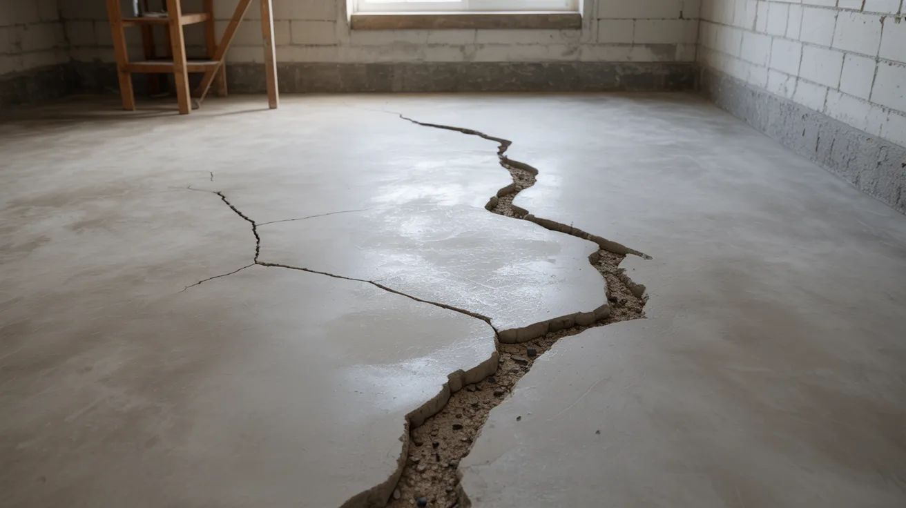 Basement floor showing different repair levels from minor to moderate cracks.