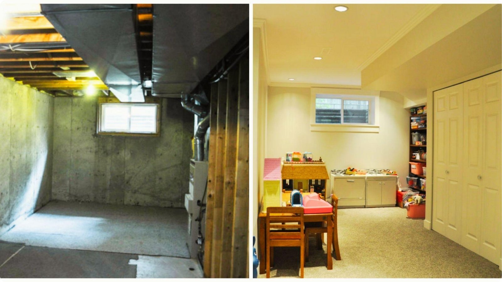 Before and after a very low ceiling basement converted from exposed ducts and concrete to a bright finished playroom.