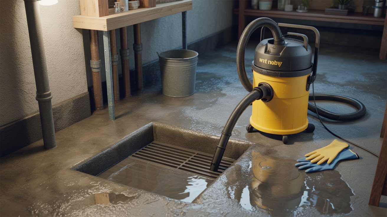 "Wet and dry vacuum beside a basement floor drain with standing water during a DIY unclogging process."