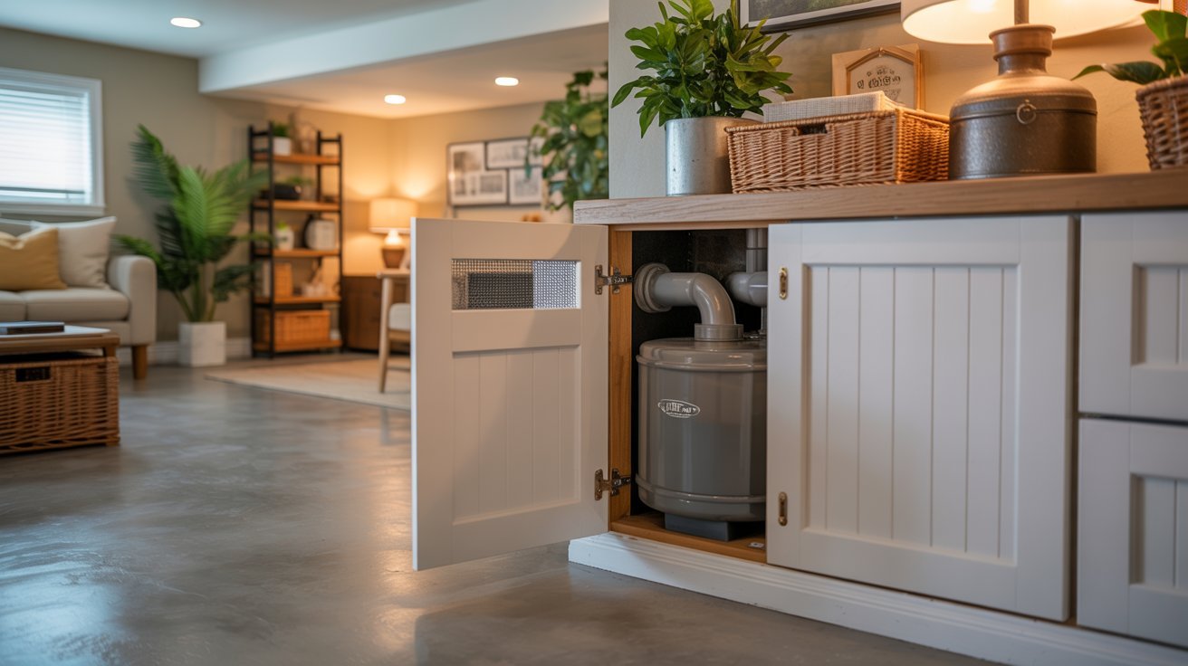 White cabinet with mesh door conceals basement sump pump under counter with plants and decor