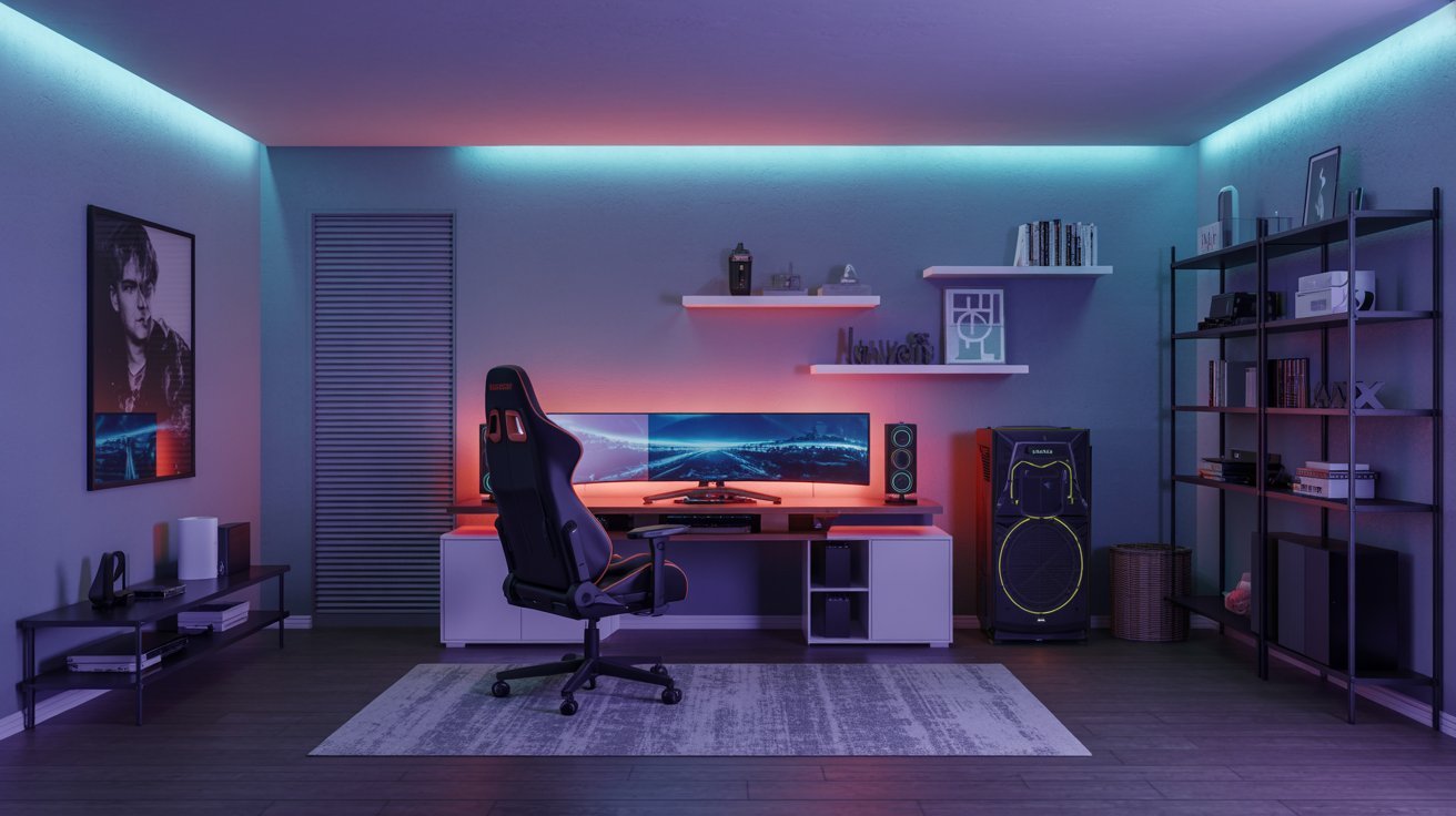 Modern gaming basement with LED lighting, large screens, gaming chair, and immersive entertainment setup
