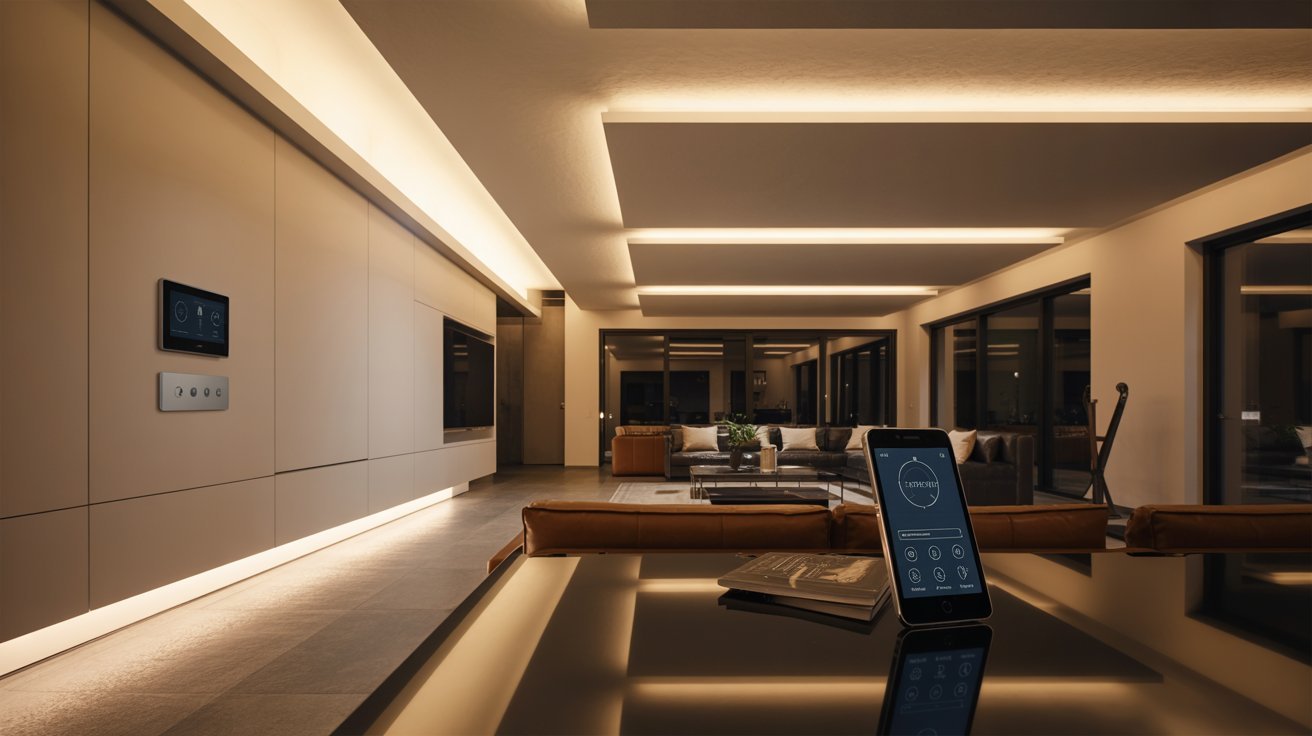 Smart basement featuring automated lighting, modern technology, and contemporary renovated living space indoors.