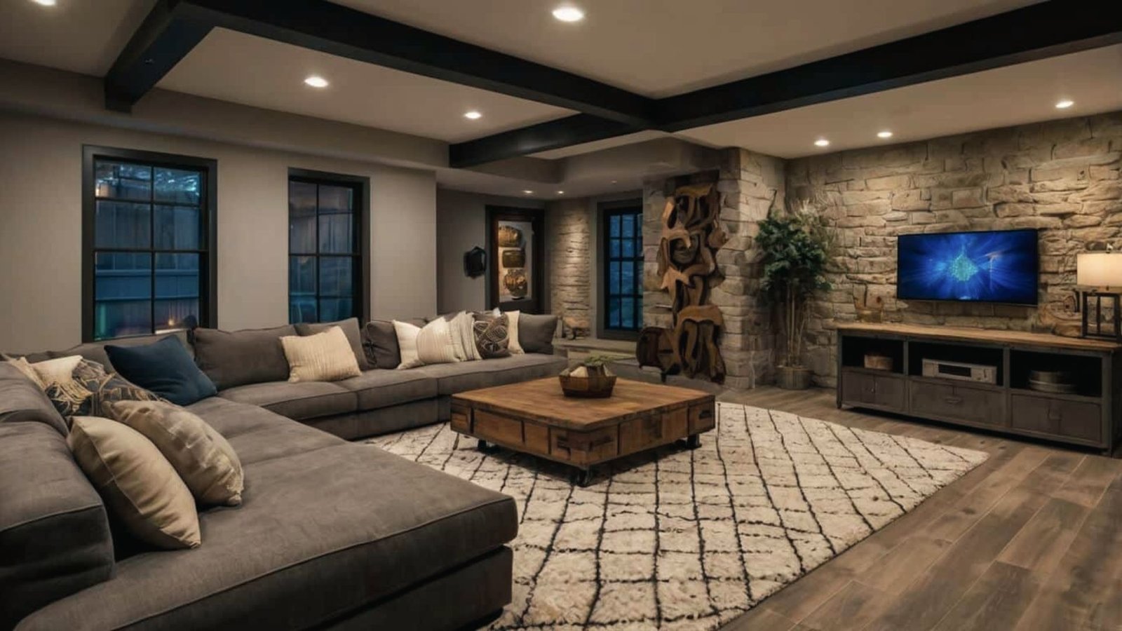 A cozy stone wall basement with a TV, wood coffee table with drawers.