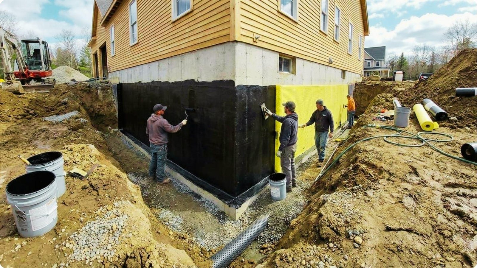Crew applies black waterproof membrane and yellow drainage board to an excavated basement foundation.