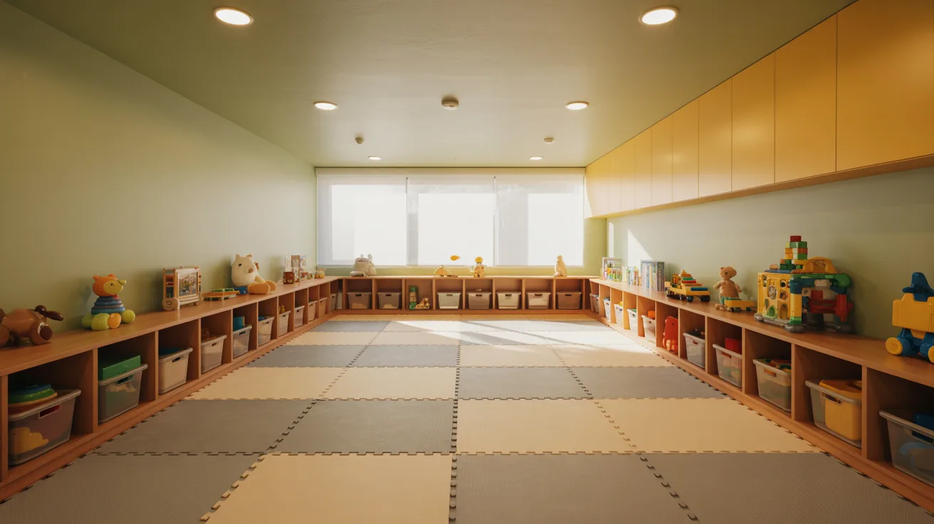 Realistic basement kids play area with soft flooring, toy storage, and safe open space for activities.
